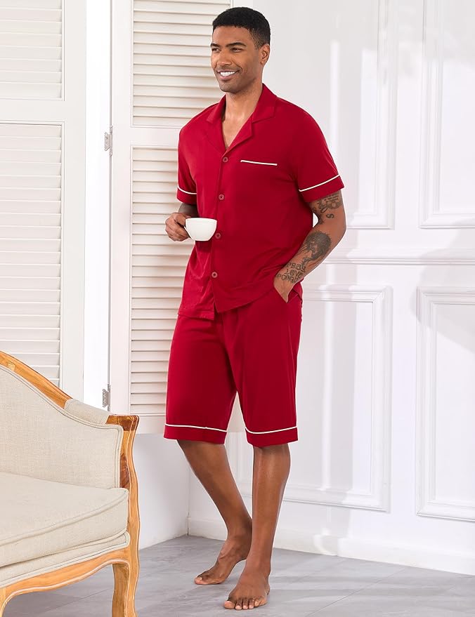 COLORFULLEAF Men's 100% Cotton Short Sleeve Pajama Sets Button Down Notched Collar Sleepwear Soft Lounge Pjs with Pockets