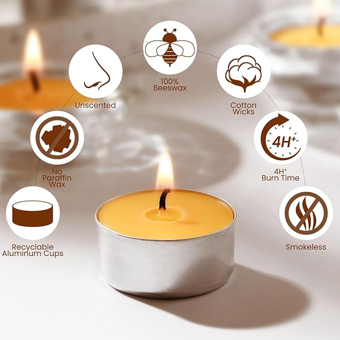 50-Pack Pure Beeswax Tealight Candles in Aluminum Cups - 4-5 Hour Burn Time, Lead-Free Cotton Wick, Natural Unscented Candles