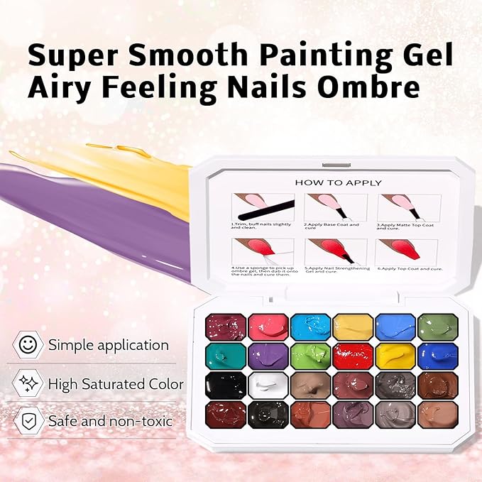 24 Colors Sponge Pat Paint Nail Gel for Drawing Striper Liner Floral Painting Ombre Blush Blooming Aura Gel Polish Nail Art DIY, UV/LED Curing, No Wipe (24 Colors C)