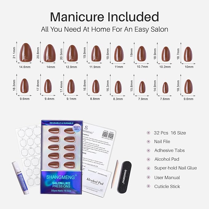 Brown Press on Nails Short - Soft Gel Almond Chrome Press on Nails for Women, Glossy Glue on Nails with Glue, 16 Sizes - 32 Reusable Fake Nails Kit, Molten Mocha