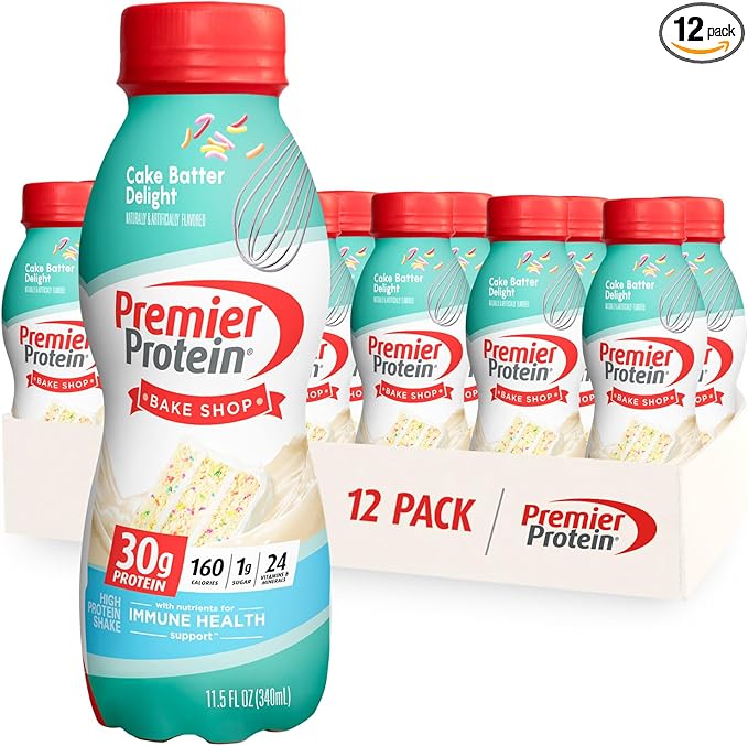 Premier Protein Shake, Cake Batter, 30g Protein, 1g Sugar, 24 Vitamins & Minerals, Nutrients to Support Immune Health, 11.5 Fl Oz, 12 Count