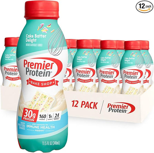 Premier Protein Shake, Cake Batter, 30g Protein, 1g Sugar, 24 Vitamins & Minerals, Nutrients to Support Immune Health, 11.5 Fl Oz, 12 Count