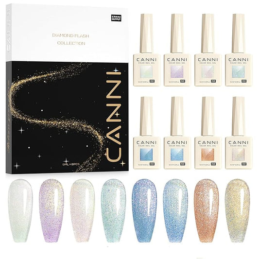 CANNI 8 Pcs 9 ML Glitter Gel Nail Polish Set, Shimmer Sparkly Gold Blue Yellow Purple Green Colors Gel Polish Kit Soak Off Led Manicure Salon DIY Gifts
