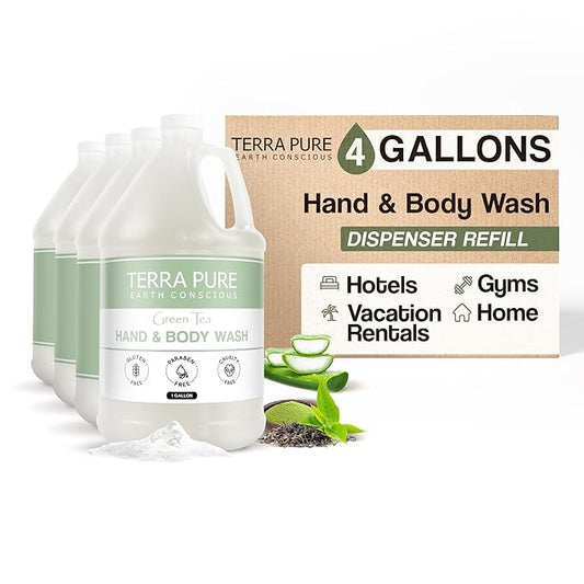 Terra Pure Hotel Hand & Body Wash Soap | Four Gallons | Designed to Refill Soap Dispensers (Set of 4)