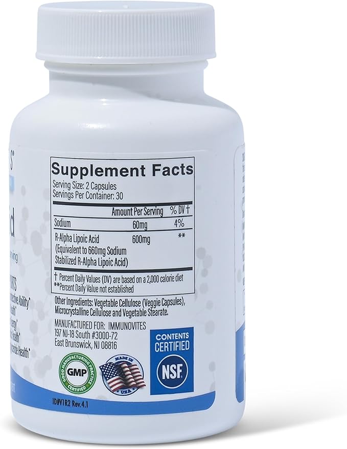 IMMUNOVITES Stabilized R-Alpha Lipoic Acid ((True)) 600mg per Serving [[High Potency & up to 40x Increased Absorption]] (Na R-ALA) (Na R-LA) (Na R-Lipoate) (1 Bottle)