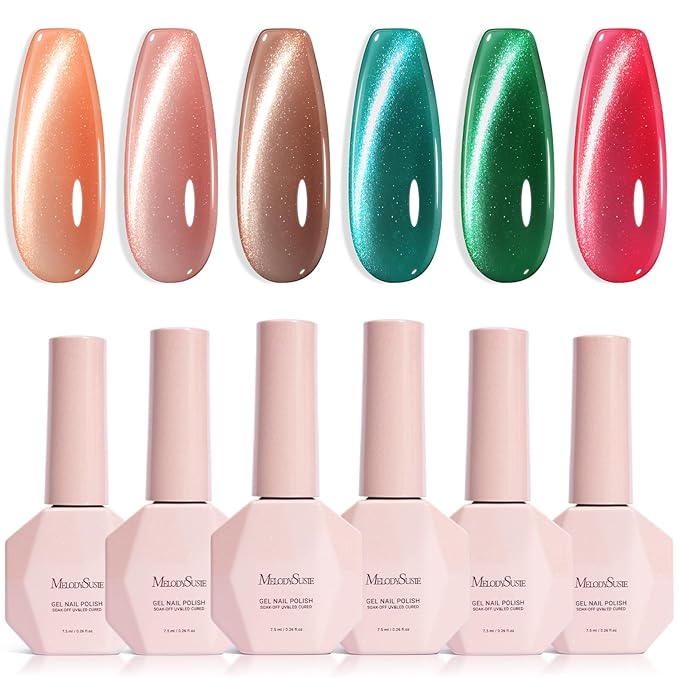 MelodySusie Velvet Gem Red Green Cat Eye Set Cat Eye Gel Nail Polish Set 6 Pcs, 0.26 Fl Oz Glitter Holographic Magnetic Nail Polish with Magnet, UV Nail Polish for Nail Art Manicure Salon DIY at Home