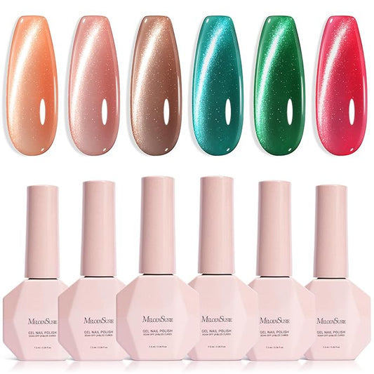 MelodySusie Velvet Gem Red Green Cat Eye Set Cat Eye Gel Nail Polish Set 6 Pcs, 0.26 Fl Oz Glitter Holographic Magnetic Nail Polish with Magnet, UV Nail Polish for Nail Art Manicure Salon DIY at Home