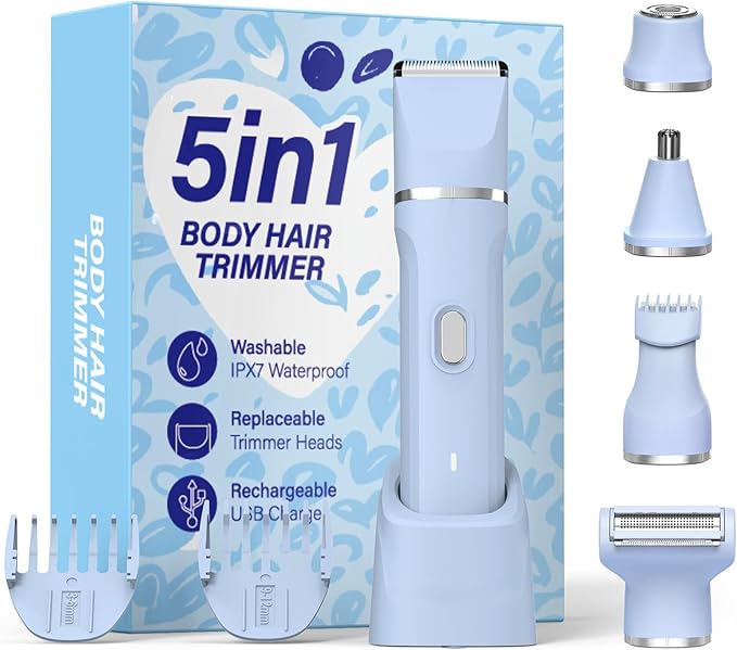 5-in-1 Bikini Trimmer for Women, IPX7 Waterproof Electric Razors Shaver, Cordless Body Hair Trimmer, Facial & Pubic Hair Removal, Ceramic Blade (Sky Blue)