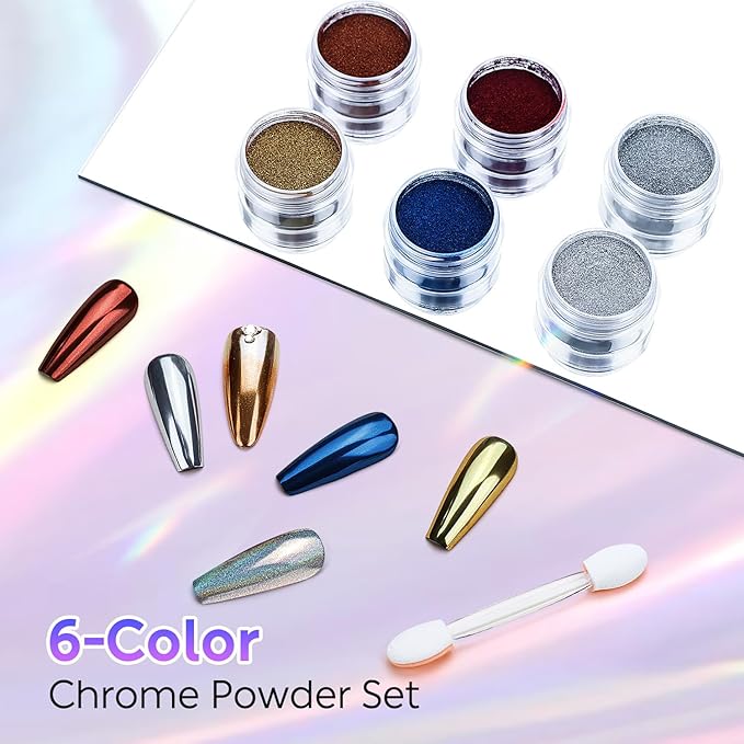 AIMEILI Chrome Nail Powder, Vegan, Cruelty Free, 6 Colors Mirror Effect Holographic Chameleon Manicure Nail Art Decoration Glitter for Nail Art Women Gift