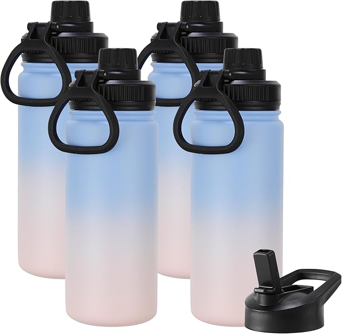 DOMICARE 16 oz Water Bottle for School Stainless Steel Double Wall Vacuum Insulated Water Bottle with Straw lids & Spout Lid, Leakproof BPA Free (Blue/Pink,4)
