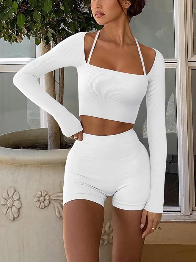 LASLULU Womens Sexy Square Neck Crop Top Ribbed Seamless Long Sleeve Workout Tops Halter Neck Athletic Yoga