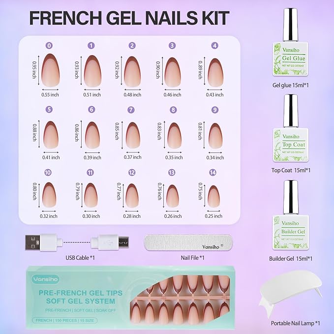 Vansiho French Gel Nails Kit - Medium Almond French Tip Press on Nails Kit, Nail Gel and Nail Lamp for Gift and Nail Art DIY