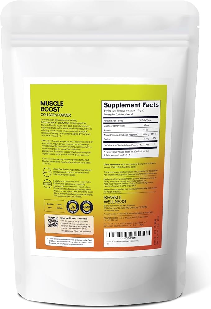 Sparkle Wellness Muscle Boost (Orange) [30-Serves] | Collagen Supplement Powder with Hydrolyzed BODYBALANCE Collagen Peptides & Buffered Vitamin C | Improves Body Composition