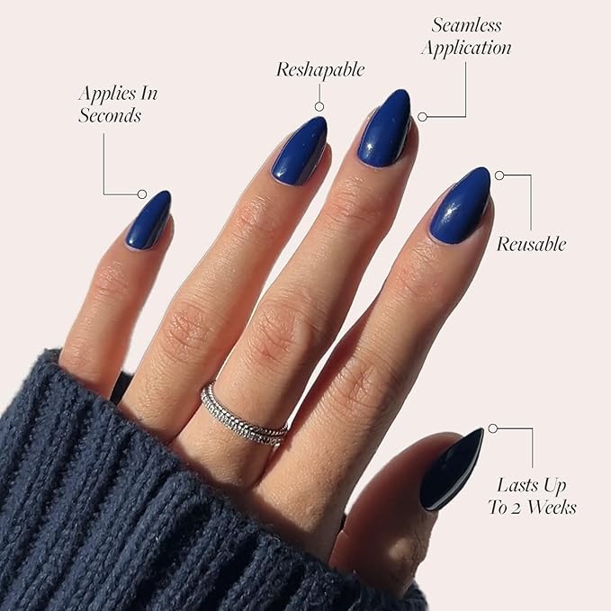 Glamnetic Press On Nails - Midnight Blue | Opaque Dark Navy Blue Short Almond Fake Nails, Salon Quality | 15 Sizes - 30 Nail Kit