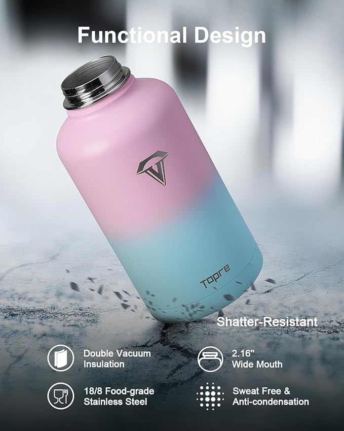 Insulated Water Bottle, 64 oz Stainless Steel Water Bottles with Straw, Leak Proof & BPA Free, Reusable Jug Thermo Flask for Outdoor Sports Gym Camping, Pink/Blue