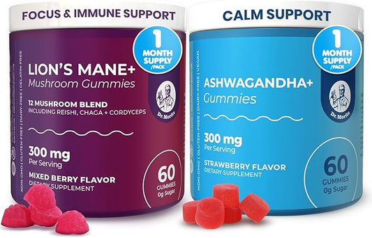 DR. MORITZ Ashwagandha Gummies + Lions Mane Mushroom Gummies Bundle – 60 Count Each – Sugar-Free, Non-GMO – with L-Theanine – Ashwagandha for Women & Men – Calm, Focus, Relaxation & Immune Support