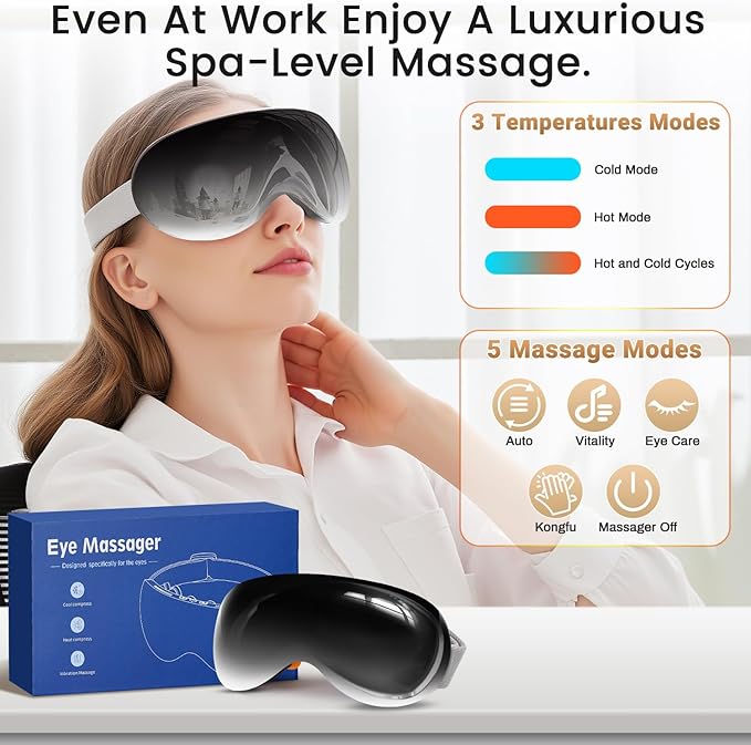 Eye Massager with Heat and Cooling for Migraines – 14 Massage Nodes for Eye Strain Relief, Rechargeable Bluetooth Music, Improve Sleep, Birthday & Holiday Gifts for Women and Men (Black)