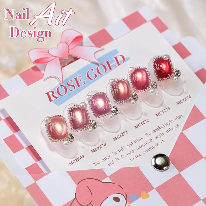 Double Rhythm Cat Eye Gel Nail Polish Set of 6 Same Color Same Bottle 0.5 Oz Shimmer Glitter with Magnet Holographic Reflective Magnetic UV Nail Polish Kit at Home (Golden Rose Pink-T6-60)