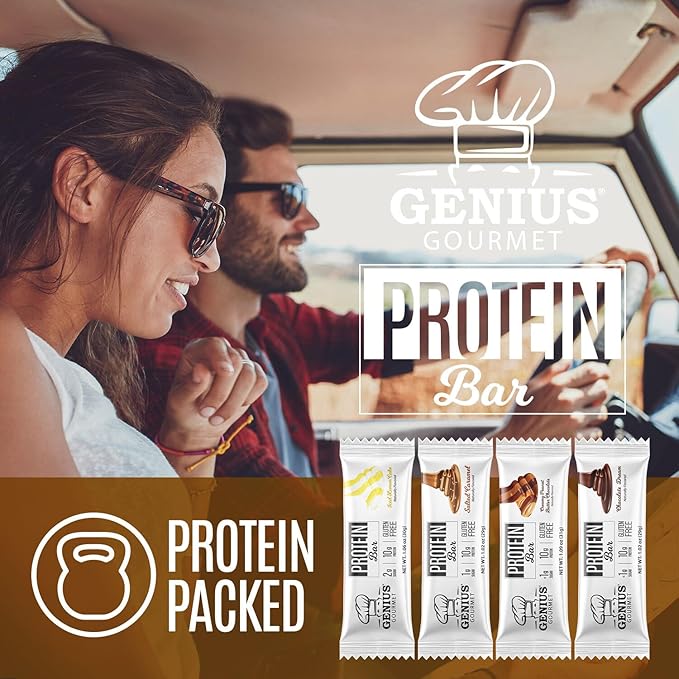 Genius Gourmet Protein Bar, Salted Caramel Keto Snack, Low Carb, Low Sugar & Gluten Free, Protein Snacks for Adults, 10G of Whey Protein per Protein Bar, 5 Net Carbs, 20 Count