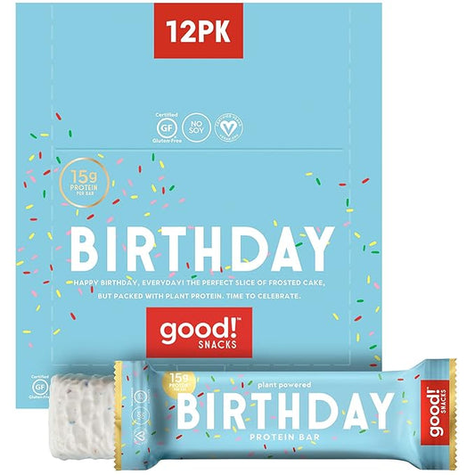 good! Snacks Birthday Cake Vegan Protein Bar, Soy & Gluten Free, Plant Based, Low Sugar, 15g Clean Protein, Natural Healthy Superfood Snack, Kosher Friendly, For Athletes & Active Lifestyles, 12 Bars