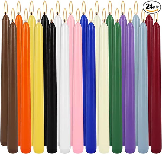 24 Pack 10" Tall Colored Taper Candles, Dripless Unscented Colorful Candlesticks for Birthdays Dinner Party Home Décor, Long Burning Spell Chime Candles for Witchcraft Ritual Prayer Meditation