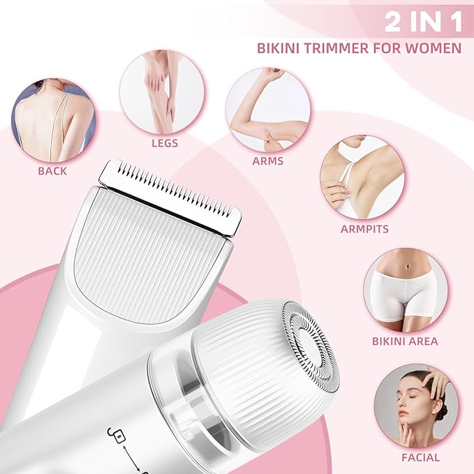 Bikini Trimmer for Women,Dual Head Shaver, IPX7 Waterproof, Compact Travel Design Bikini Shaver for Public Hair, Facial and Body(White)