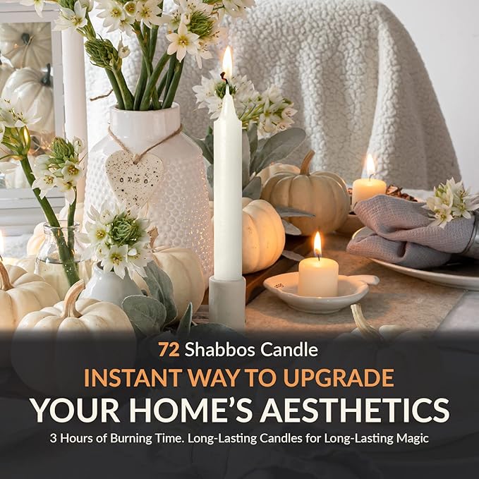 PAMI Traditional Shabbat Candle Sticks [72-Pack] - Unscented Taper Candles with 3 Hours Burning Time- Paraffin Shabbos Candles with Beautiful Flame- Tall Dinner Candles for Candlestick Holders