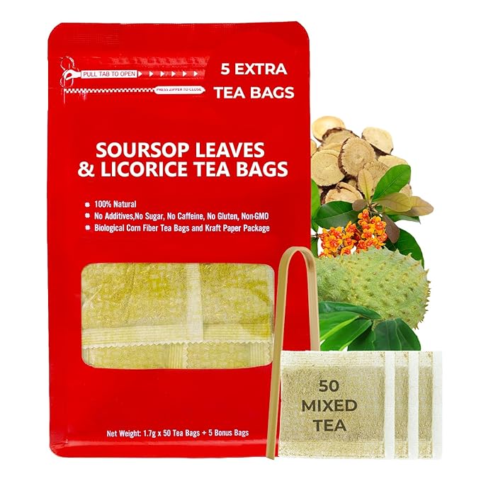 Soursop Leaf Tea with Celastrus Hindsii & Licorice - 55 Count (+5 Tea Bags) - 4.44 oz, Bamboo Tong Include, Re-Steep Corn Based Tea Bags, Natural Herbal Tea for Comfort Relax