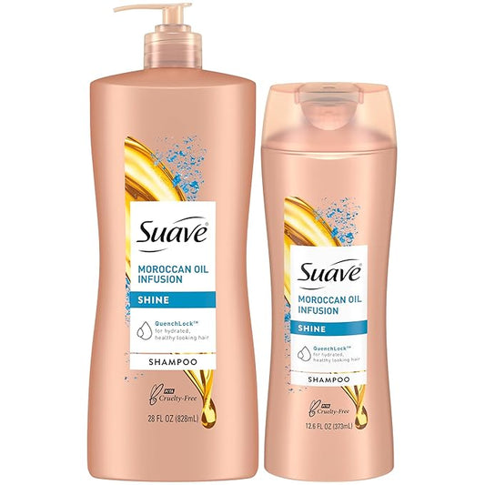 Suave Moroccan Oil Infusion Shine Shampoo 2-Size Bundle, Gentle Everyday Cleanser for Smooth, Shiny Hair