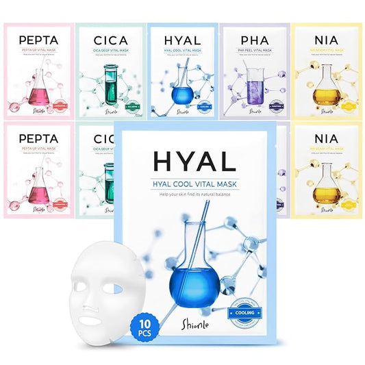 SHIONLE 10 Combo Pack A Vital Facial Sheet Mask, 5 Types Essence Korean Skincare Self Care Home Spa Treatment Face Mask, Hydrating Nourishing Soothing for All Skin Type