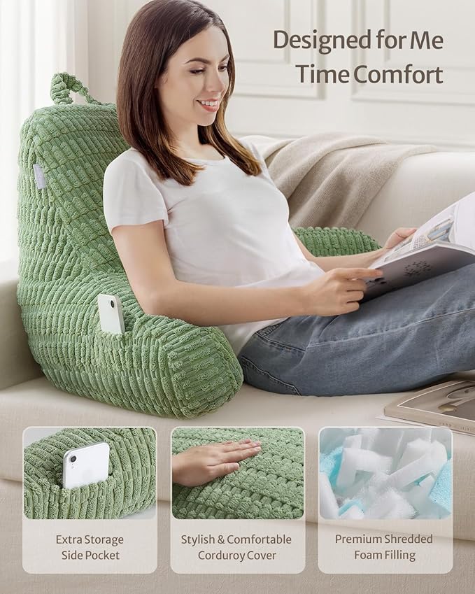 Blissful Diary Reading Pillow, Large Backrest Pillow with Shredded Memory Foam for Adult & Children, Designed for Bed and Couch Sitting Up, Includes Arms, Pockets and Washable Cover, Sage Green