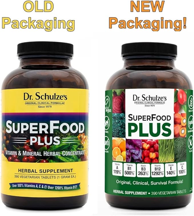 Dr. Schulze's SuperFood Plus | Vitamin & Mineral Herbal Concentrate | Daily Nutrition & Increased Energy | Gluten-Free & Non-GMO | Vegan | 390 Tabs | Packaging May Vary