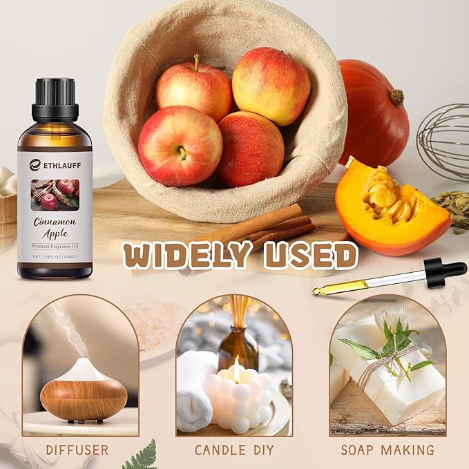 Cinnamon Apple Essential Oil, 100ml Fall Essential Oil for Diffusers for Home,Candle Scented Oils for Soap Making, Bath Bombs, Massage -3.38FL.OZ