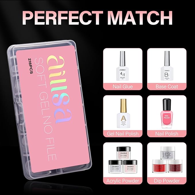 AILLSA Medium Almond Nail Tips Pre-Shaped Acrylic Nails Tips Half Matte Full Cover Tips Clear Gelly Press on Flase Nail Tips for Extension Nail Manicure Home DIY 216PCS 12Sizes