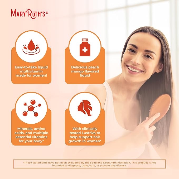 MaryRuth Organics Liquid Multivitamin+Hair Growth | Clinically Tested for Thicker Hair & Facial Wrinkles in Women | Biotin 10000mcg | Lustriva Hair Growth Supplement | Skin Care | Age 18+ | 30 Fl Oz