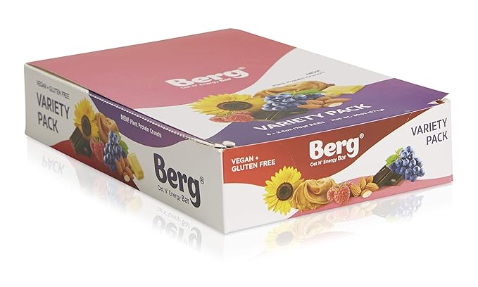 Berg Oat N' Energy Bar | Variety Pack | Plant Based Protein Bar | Non-GMO, Gluten Free, Nut Free and Vegan | Low Sugar, Healthy Snack Bar | High Fiber | On The Go | 2.5oz (8 Packs)
