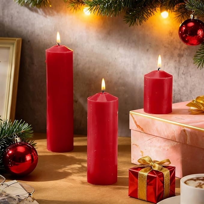 MTLEE 18 Pcs Set of 3 Pillar Candles Bulk 2 in x 3, 6, 8 Long Burning Clean Unscented Smokeless Pillar Candles for Wedding Emergency Lanterns Ceremony Party(Red)