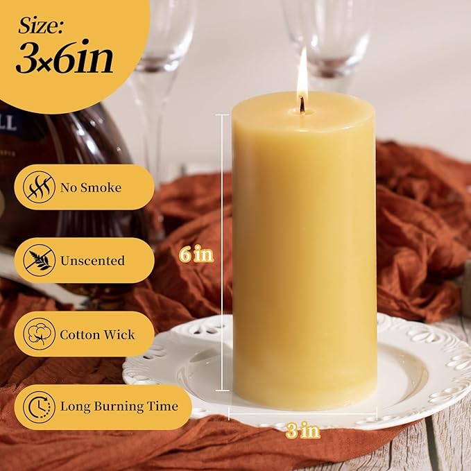 KONNI Mustard Yellow Pillar Candles Set of 3, 3"x 6" Unscented Pillar Candles Bulk, 56 Hours Long Burning Candles, Smokeless&Dripless Large Round Candle for Wedding, Home Decoration, Parties