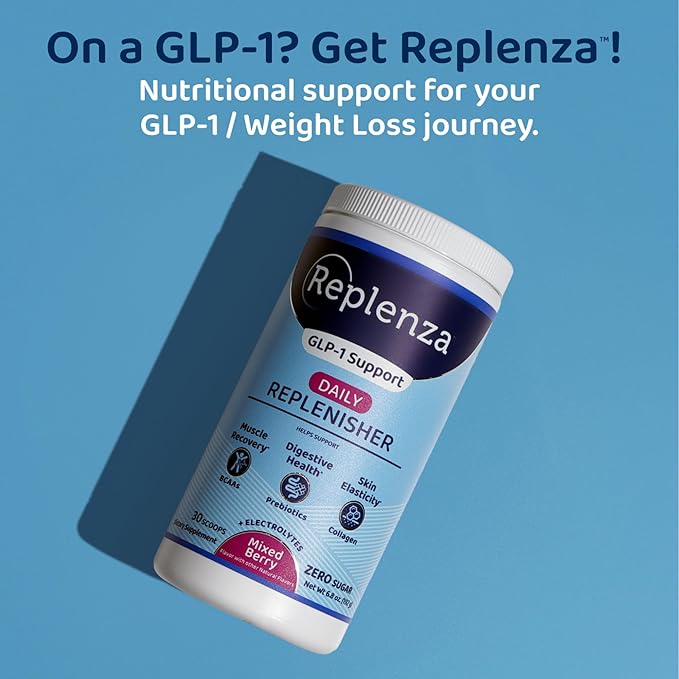 Daily Replenisher GLP-1 Nutritional Support, Powder, Muscle Recovery, Digestive Health & Skin Elasticity Mix of Amino Acids, Prebiotics and Collagen Peptides – Berry Flavor, 2 pk of 30 Scoops