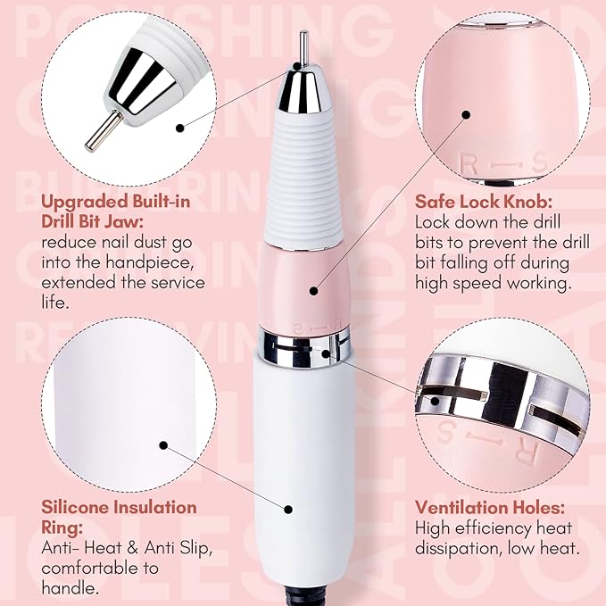 Makartt Nail Drill Handpiece for Malory, 30000RPM Rechargeable Electric File Machine Replacement for Manicure Art Tool, Professional Gel Polish Acrylic Powder Remover