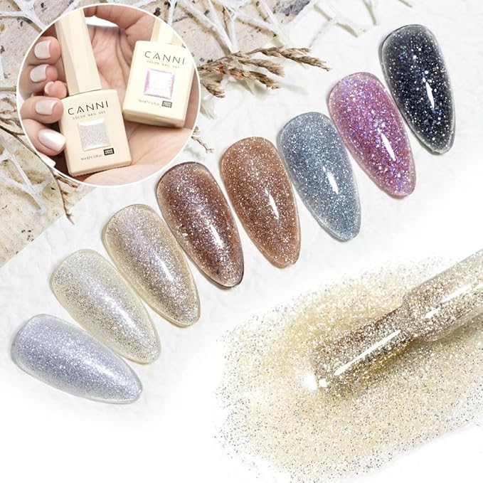CANNI 8 Pcs 9 ML Glitter Diamond Gel Nail Polish Set, Shimmer Sparkly Shiny Black Gold Silver Blue Green Purple Colors Gel Polish Kit Soak Off Led Nail Art Manicure Salon DIY