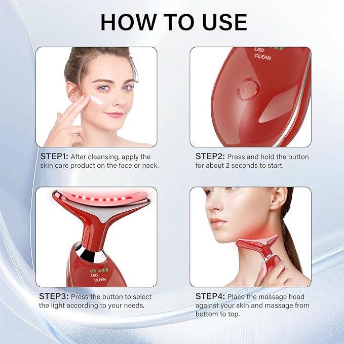 Neck&Face Massager with 7 Colors-Multi-Functional Skincare Tool,Home Beauty Device for Wrinkles&Relaxation (Red)