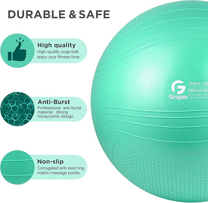 Gruper Yoga Ball, 18-30 Inch Extra Thick Exercise Ball for Workout Fitness Balance, Anti Burst Chair for Home and Office Desk, Includes Hand Pump & Workout Guide Access