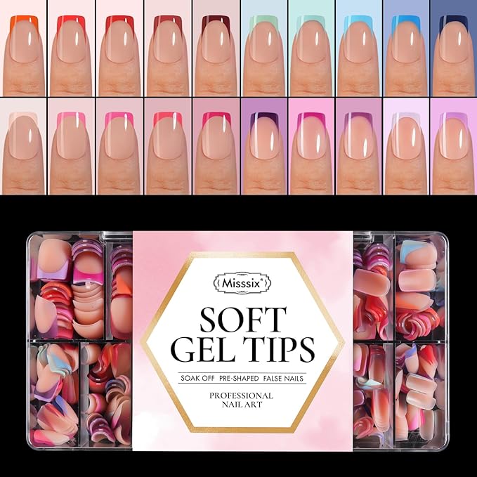 Misssix XBASICTIPS French Tip Press On Nails, 600Pcs Short Square French Gel Nail Tips, Soft Gel Pre-shaped No Need to File 3 in 1 Tips, 20 Colors Fake Nails for Nail Art DIY 15 Sizes
