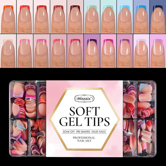 Misssix XBASICTIPS French Tip Press On Nails, 600Pcs Short Square French Gel Nail Tips, Soft Gel Pre-shaped No Need to File 3 in 1 Tips, 20 Colors Fake Nails for Nail Art DIY 15 Sizes