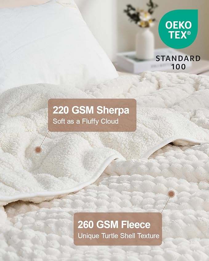 Super Soft Luxury Fleece Sherpa Weighted Blanket 15 lbs for Adults, Turtle Shell Fuzzy Cozy Warm Weighted Throw for Winter, Ceramic Beads Washable Heavy Blankets for Couch Bed, Cream White, 60"x80"