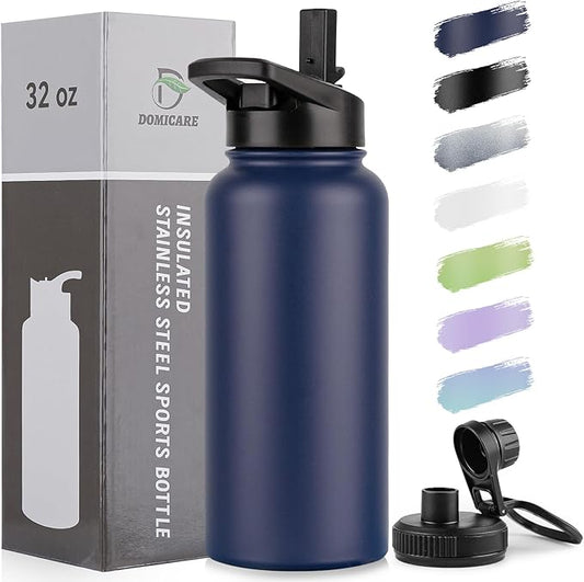 DOMICARE 32 oz Insulated Water Bottle, Vacuum Insulated Stainless Steel Sports Water Bottle with Straw Lid & Spout Lid, Leakproof, Reusable - Travel, Camping, Bike, Navy Blue