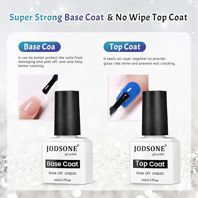 JODSONE 9 Blue Jelly Colors Gel Nail Polish Set Base Coat and Top Coat Soft Shimmery Blue Colors DIY Nail Art at Home