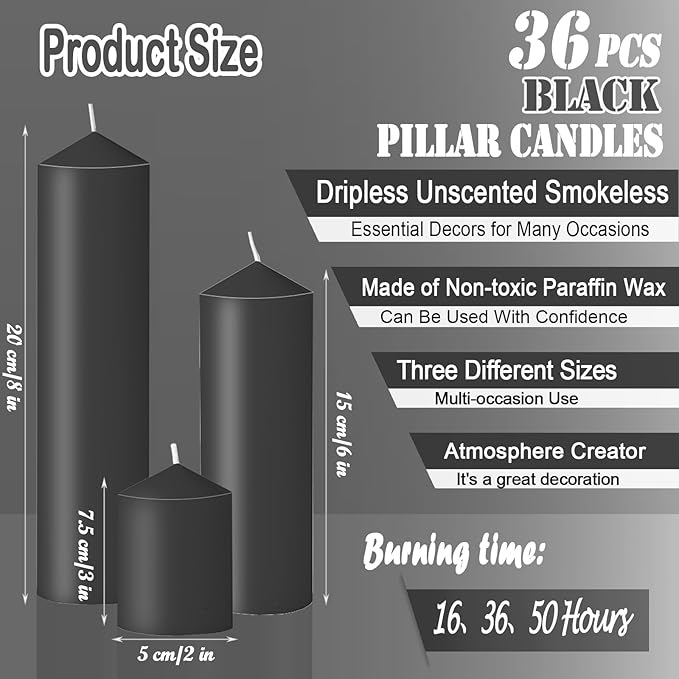 36 Pcs Black Pillar Candles Bulk Set，Hurricane Candles，3 Different Lengths (6 Each)，Dripless Unscented Smokeless，Gives You a Better Atmosphere When Organizing Wedding or Event Party.