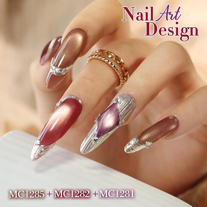 Double Rhythm Cat Eye Gel Nail Polish Set of 6 Same Color Same Bottle 0.5 Oz Shimmer Glitter with Magnet Holographic Reflective Magnetic UV Nail Polish Kit at Home (Rose Coffee Brown Red-T6-62)